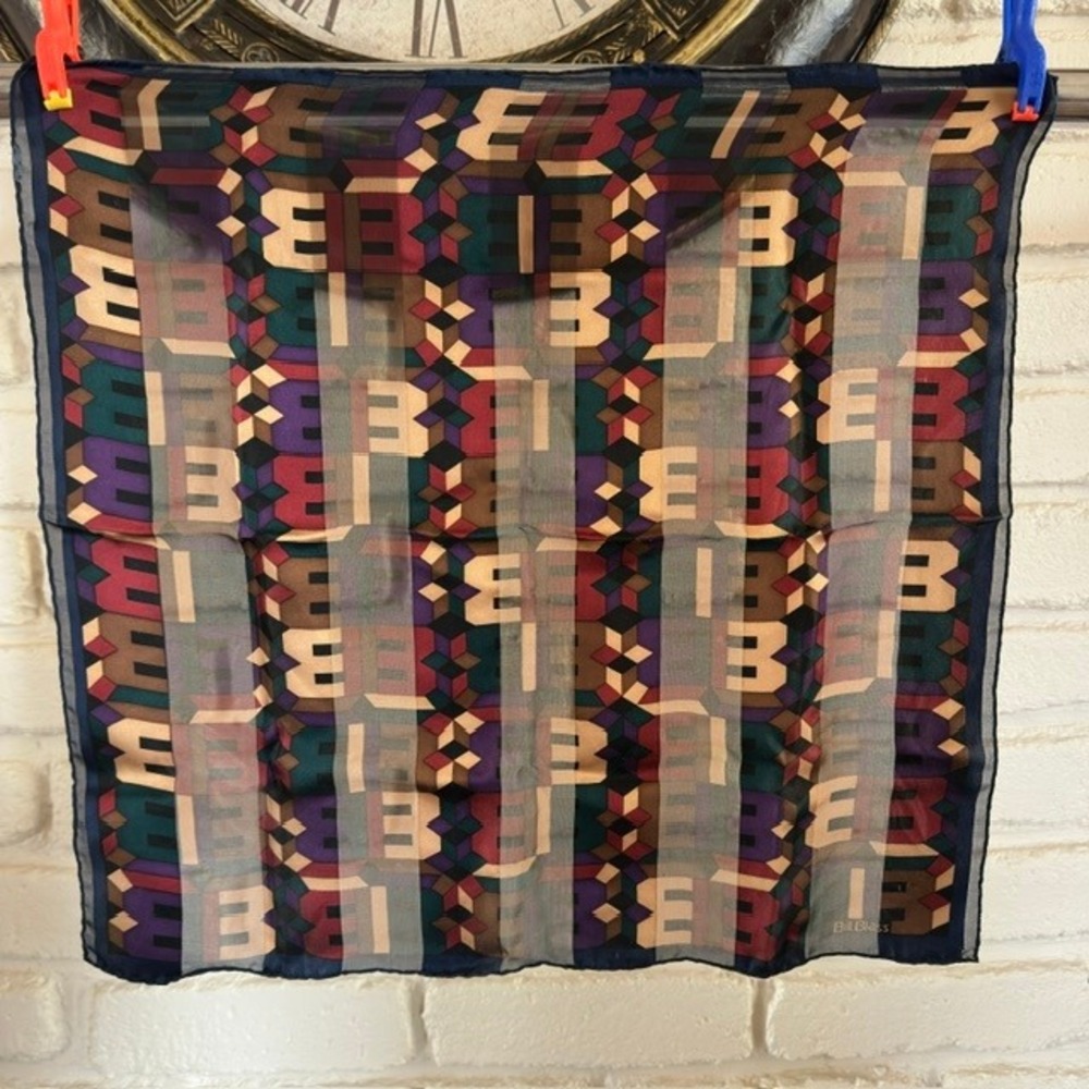 Bill Blass Silk Scarf Vintage 80s Geometric Logo Monogram Navy Burgundy 21"